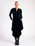 Teal Stretch Velvet Drape Dress With Button Placket
