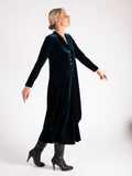 Teal Stretch Velvet Drape Dress With Button Placket