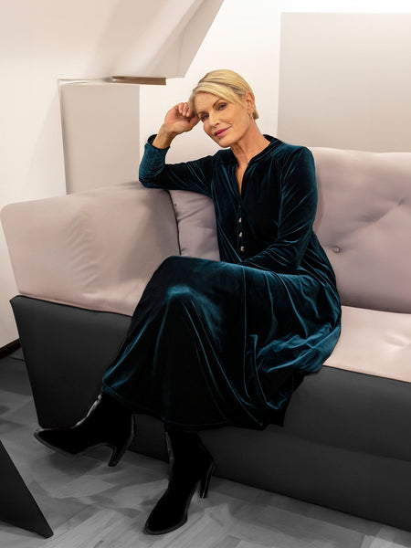 Teal Stretch Velvet Drape Dress With Button Placket