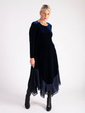 Navy Stretch Velvet Drape Dress with Chiffon Trim