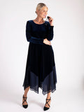 Navy Stretch Velvet Drape Dress with Chiffon Trim