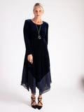 Navy Stretch Velvet Drape Dress with Chiffon Trim