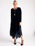 Navy Stretch Velvet Drape Dress with Chiffon Trim