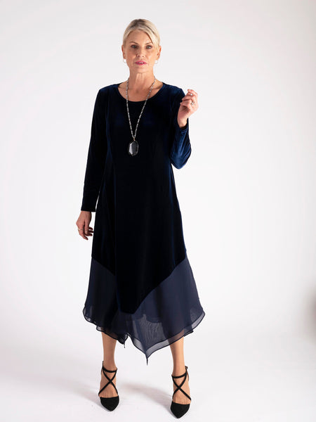 Navy Stretch Velvet Drape Dress with Chiffon Trim