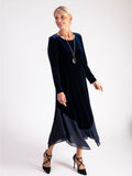 Navy Stretch Velvet Drape Dress with Chiffon Trim