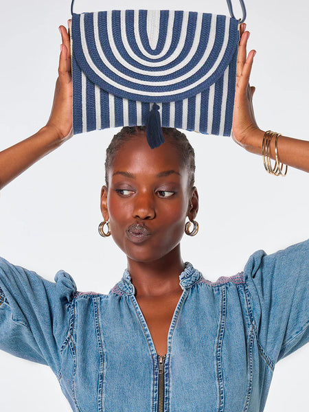 Navy & Ecru Striped Shoulder Bag with Tassel