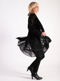 Sophisticated Black Confetti Applique Mesh Coat with Chiffon Trim