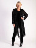 Sophisticated Black Confetti Applique Mesh Coat with Chiffon Trim