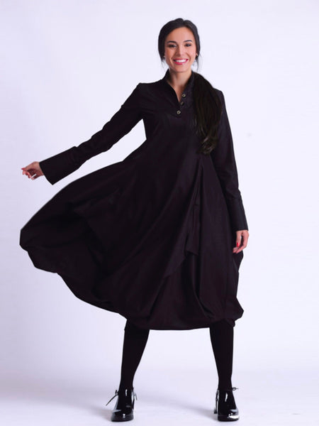 Black Collared Drape Dress with Tuck Detail
