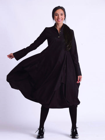 Black Collared Drape Dress with Tuck Detail