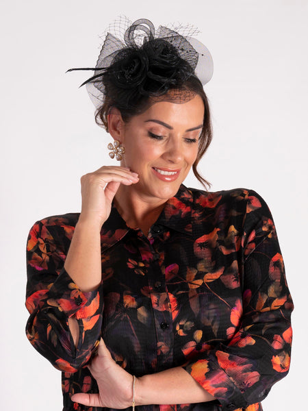 Black Swirls Fascinator with Net, Beads & Feather Trim