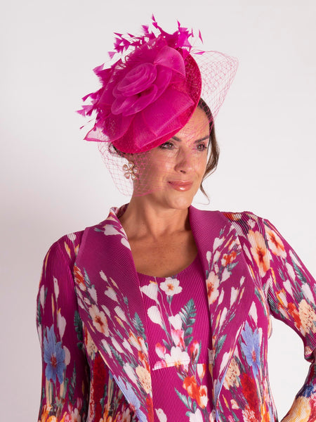 Fuchsia Swirls Hatinator with Feather Trim
