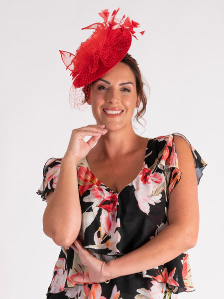 Flame Red Swirls Hatinator with Feather Trim