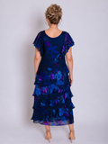 Navy/Plum Midnight Garden Hand Painted Satin Devoree Multi Frill Dress with Frill Sleeves