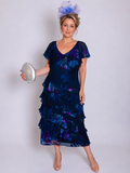 Navy/Plum Midnight Garden Hand Painted Satin Devoree Multi Frill Dress with Frill Sleeves
