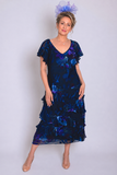 Navy/Plum Midnight Garden Hand Painted Satin Devoree Multi Frill Dress with Frill Sleeves
