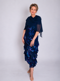 Navy/Plum Midnight Garden Hand Painted Satin Devoree Multi Frill Dress with Frill Sleeves