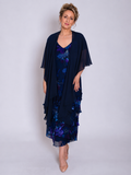 Navy/Plum Midnight Garden Hand Painted Satin Devoree Multi Frill Dress with Frill Sleeves