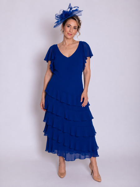 Cobalt Chiffon Multi Frill Dress with Frill Sleeves