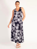 Navy/White Rose Print Sleeveless Maxi Dress