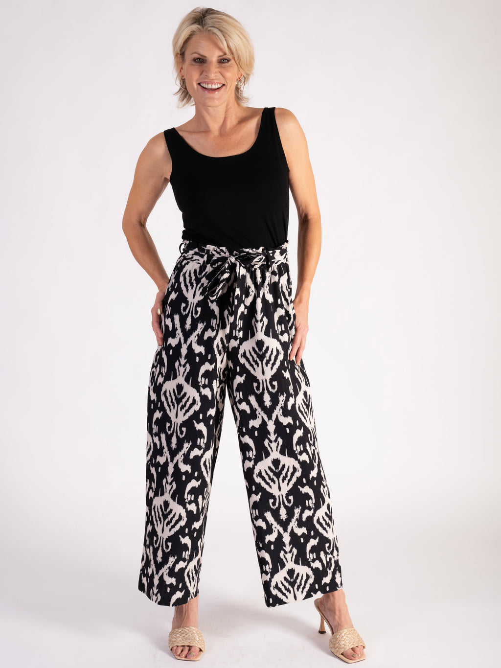 Black Cream Printed Pull On Crepe Finish Pants