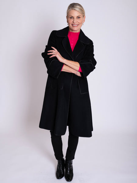 Black Wool Mix Knee Length Coat with Turn Back Split Cuff Detail