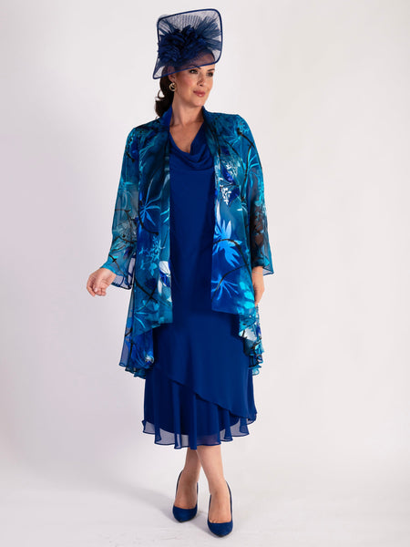 Marina/Cobalt Hand Painted Tropical Silk Devoree Jacket with Split Cuff Detail