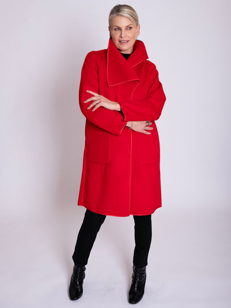 Red Wool Blend Coat with Asymmetric Shawl Collar