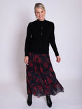 Black/Red Abstract Floral Print Tiered Skirt