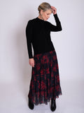 Black/Red Abstract Floral Print Tiered Skirt