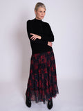 Black/Red Abstract Floral Print Tiered Skirt