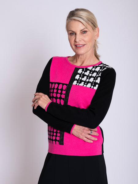 Black/Pink Pannelled Jumper with Diamanté Stripe Detail