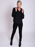 Black Fitted Cotton Mix Shirt with Statement Criss-Cross Sequin Semi-Sheer Mesh Sleeves