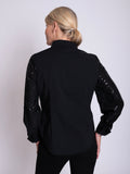 Black Fitted Cotton Mix Shirt with Statement Criss-Cross Sequin Semi-Sheer Mesh Sleeves