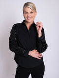 Black Fitted Cotton Mix Shirt with Statement Criss-Cross Sequin Semi-Sheer Mesh Sleeves
