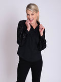 Black Fitted Cotton Mix Shirt with Statement Criss-Cross Sequin Semi-Sheer Mesh Sleeves