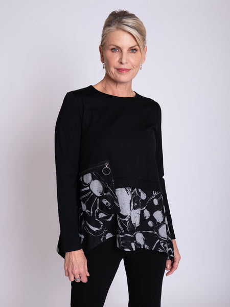Black/Grey Abstract Circles Print Asymmetric Layered Jersey Tunic with Zip Pocket Detail