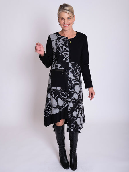 Black/Grey Abstract Circles Print Asymmetric Jersey Dress with Zip Pocket Detail