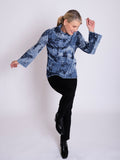 Sky Blue/Steel Blue Abstract Pattern Cowl Neck Ribbed Jumper with Trumpet Sleeves
