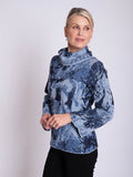 Sky Blue/Steel Blue Abstract Pattern Cowl Neck Ribbed Jumper with Trumpet Sleeves