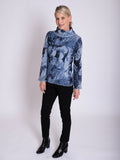 Sky Blue/Steel Blue Abstract Pattern Cowl Neck Ribbed Jumper with Trumpet Sleeves