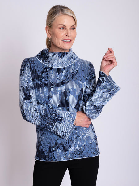 Sky Blue/Steel Blue Abstract Pattern Cowl Neck Ribbed Jumper with Trumpet Sleeves
