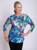 Blue/Multi Abstract Floral Print Marl Jersey Batwing Top