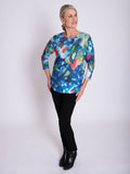 Blue/Multi Abstract Floral Print Marl Jersey Batwing Top