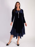 Navy Stretch Velvet Drape Dress with Chiffon Trim