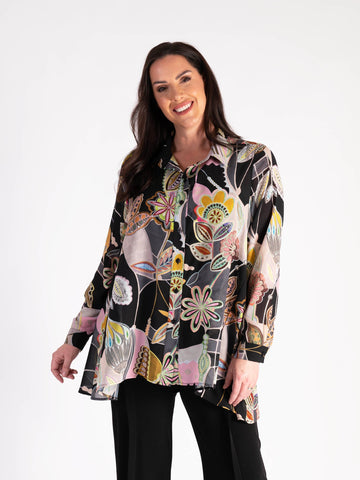 A Black/Multi Fantasy Printed Chiffon Blouse With Back Pleated Detail