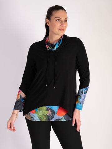 Black and Multi-Coloured Cowl Neck Jersey Top