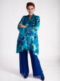 Teal/Multi Hand Painted Satin Devoree Jacket with Split Cuff Detail