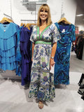 Pearl/Emerald Tiered Chiffon Maxi Dress with Short Frill Trimmed Sleeves and Metallic Detailing