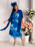 Marina/Cobalt Hand Painted Tropical Satin Cowl Neck Dress